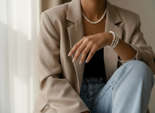 Moderner Look mit Perlenkette als zeitgemäßes Schmuckstück