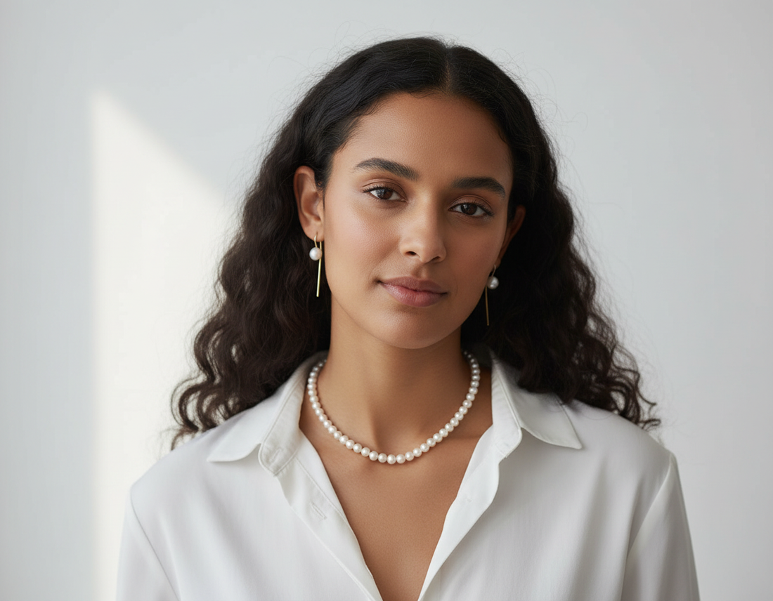 Moderne Frau mit zeitlosem Perlenschmuck